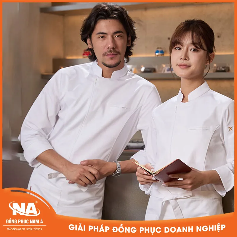 Áo bếp dài tay khóa kéo màu trắng