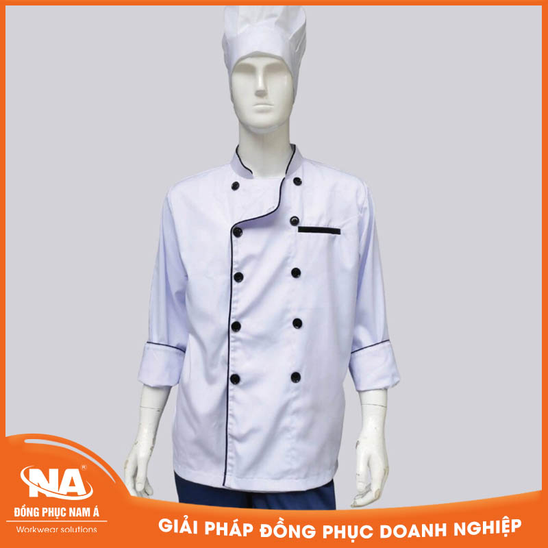 Áo bếp may sẵn màu trắng cúc viền đen