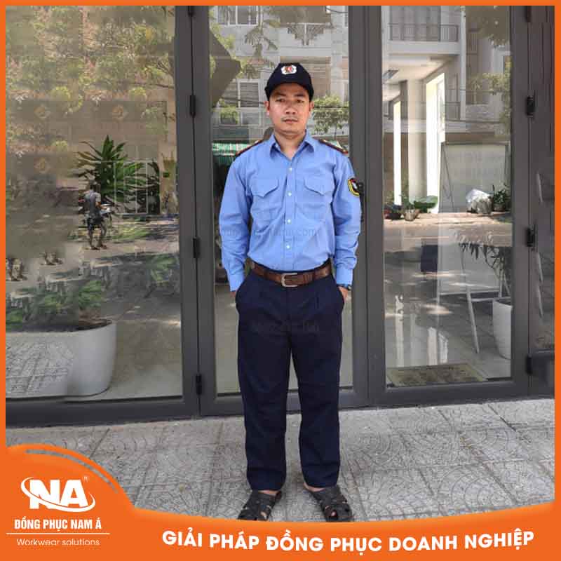 Đồng phục bảo vệ màu xanh dài tay may sẵn